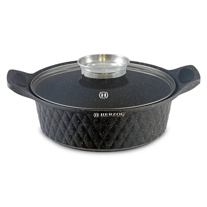Herzog HR-5220: cacerola poco profunda revestida de mármol con diseño de diamante de 28 cm y pomo aromático - 4 L