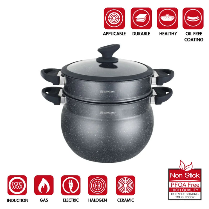 Herzog HR-2409: Olla para cuscús revestida de piedra negra - 9L