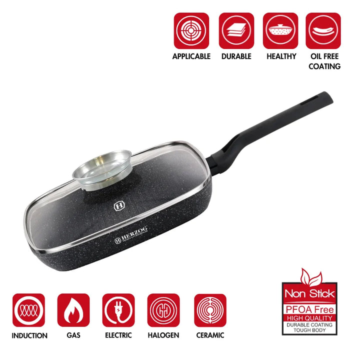 Herzog HR-2613: Sartén Grill De 28 Cm Con Tapa Con Perilla Aromática