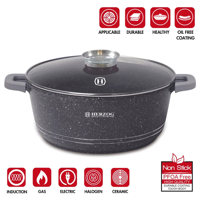 Herzog HR-5212: Cacerola revestida de mármol con pomo aromático de 44 cm - 25 L