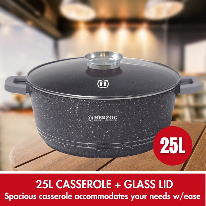 Herzog HR-5212: Cacerola revestida de mármol con pomo aromático de 44 cm - 25 L