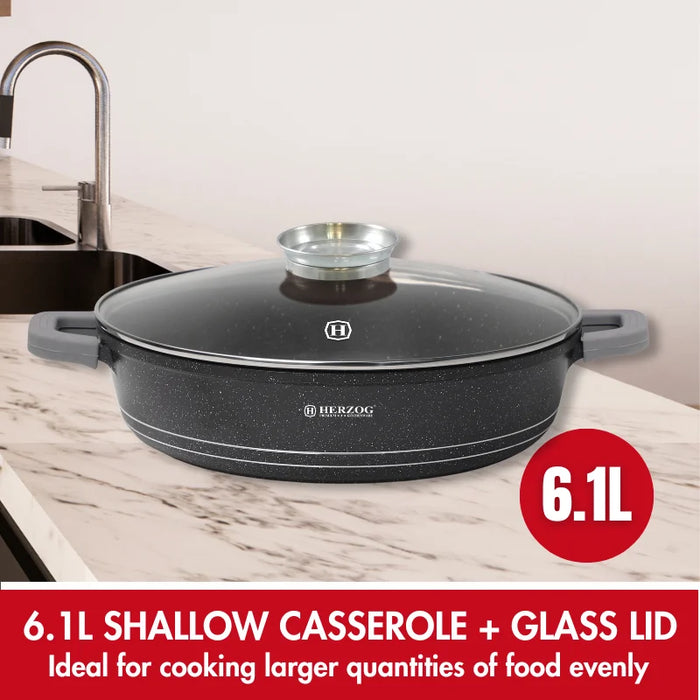 Herzog HR-5213: Cacerola poco profunda revestida de mármol de 32 cm con pomo aromático - 6,1 L