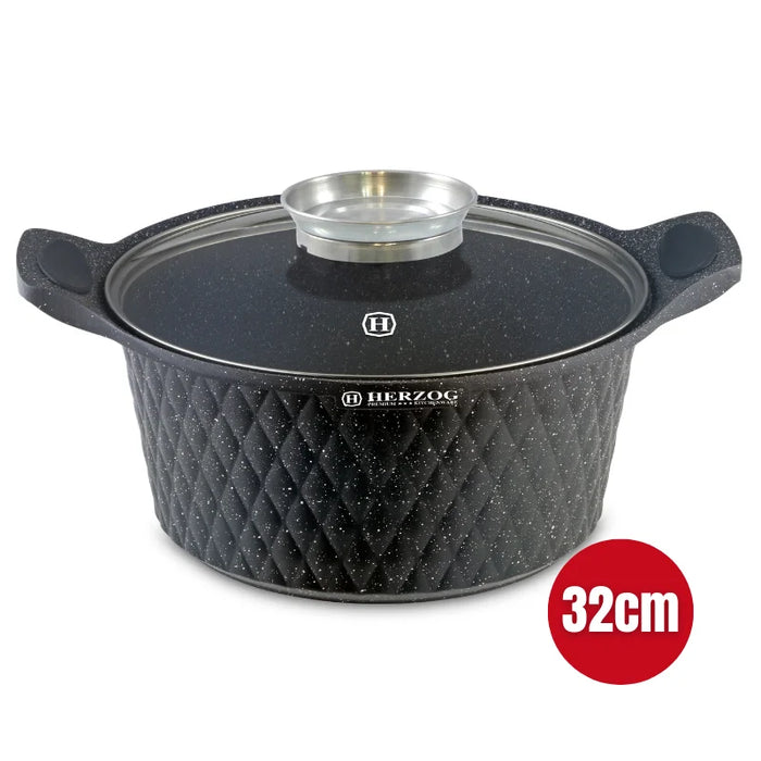 Herzog HR-5219: Cacerola revestida de mármol con diseño de diamante de 32 cm y perilla aromática - 9,7 L