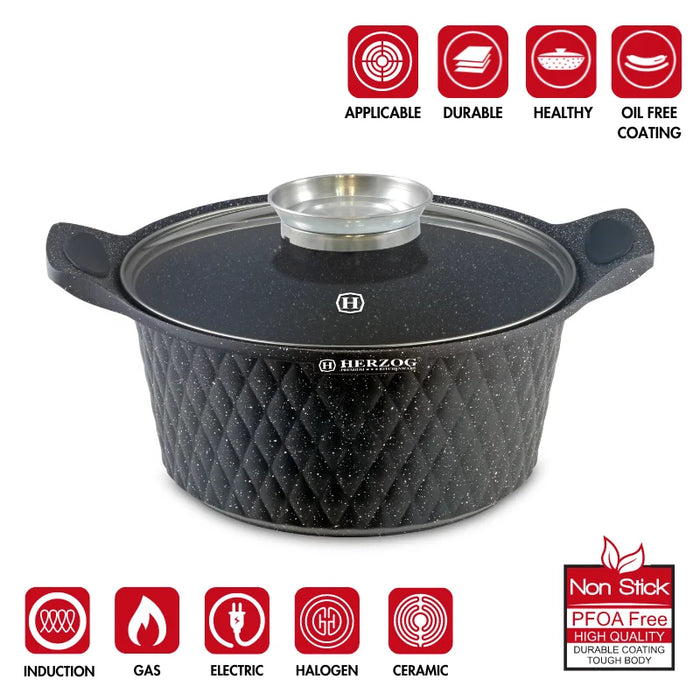 Herzog HR-5219: Cacerola revestida de mármol con diseño de diamante de 32 cm y perilla aromática - 9,7 L
