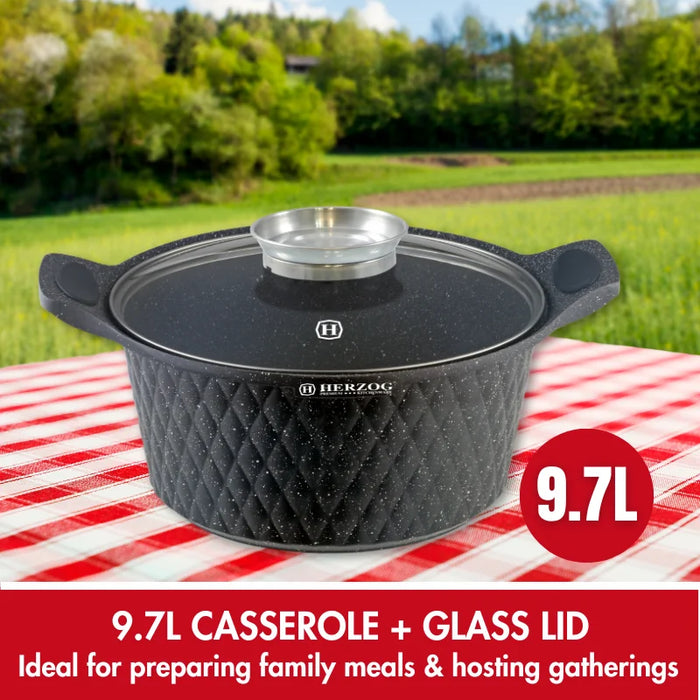 Herzog HR-5219: Cacerola revestida de mármol con diseño de diamante de 32 cm y perilla aromática - 9,7 L