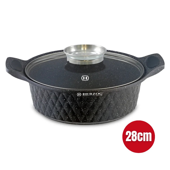 Herzog HR-5220: cacerola poco profunda revestida de mármol con diseño de diamante de 28 cm y pomo aromático - 4 L