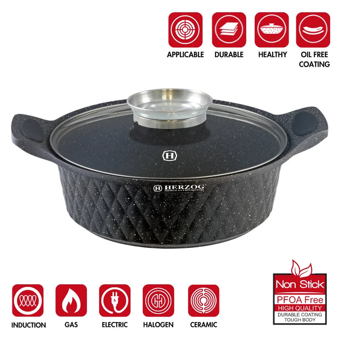 Herzog HR-5220: cacerola poco profunda revestida de mármol con diseño de diamante de 28 cm y pomo aromático - 4 L