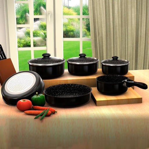 Batería ,De ,Cocina ,De, 10, Piezas ,Con ,Revestimiento ,De ,Mármol,color, Negro