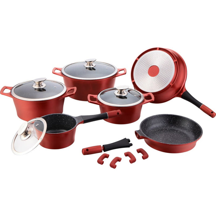 Bateria de cocina, utensilios de cocina con revestimiento de mármol 14 piezas borgoña | BronKitchen©