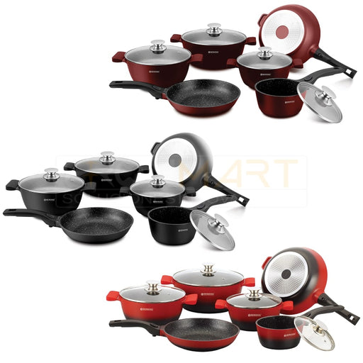 Baterías de Cocina Inducción Antiadherente con Boquillas, Juego de Cocina de Aluminio Reforzado sin PFOA, Apta Para Todo Tipo de Cocinas, 12 piezas, Cobre, Bronce