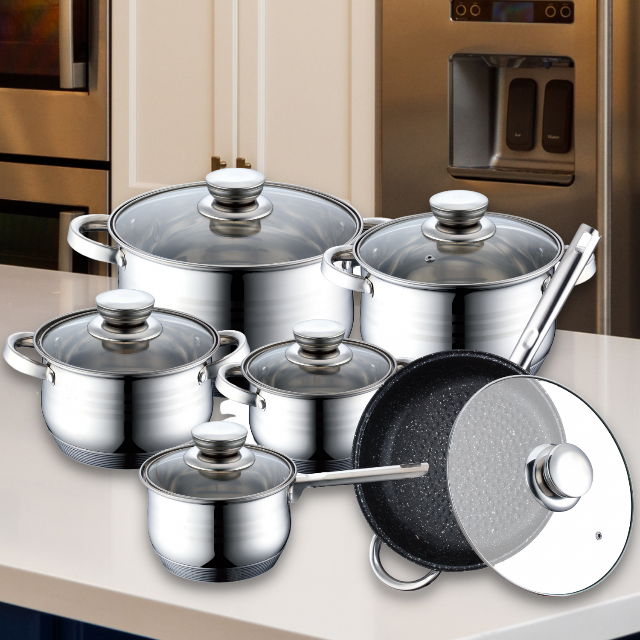 Juego de 12 Piezas de Batería de Cocina de Acero Inoxidable con Sartén Revestida de Mármol | BronKitchen©