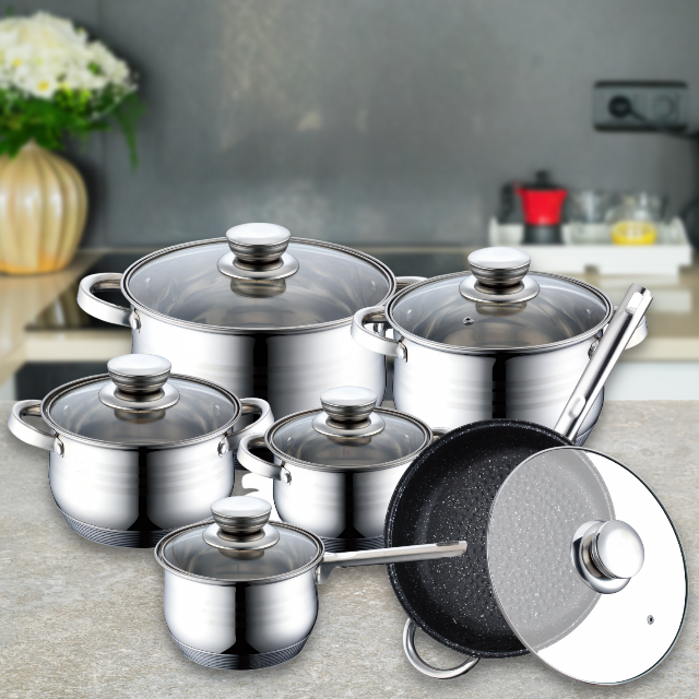 Juego de 12 Piezas de Batería de Cocina de Acero Inoxidable con Sartén Revestida de Mármol | BronKitchen©