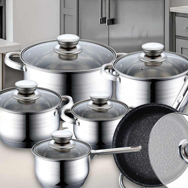 Juego de 12 Piezas de Batería de Cocina de Acero Inoxidable con Sartén Revestida de Mármol | BronKitchen©