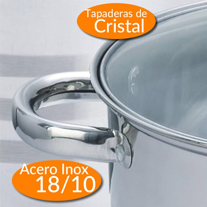 ollas,juego,de,ollas,Pack,de,ollas,mate,de,acero,inoxidable,con,tapas,de,vidrio,de,10,a,15,litros,BronKitchen©,Olla,Antiadherente,con,Tapa,Vidrio,Apto,Cocina,Inducción,Gas,Fuego,y,Horno,Color,Plata