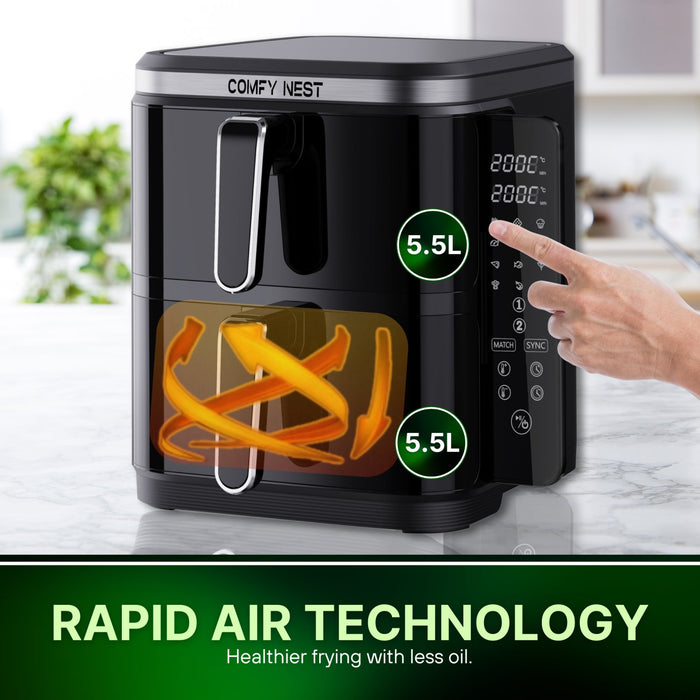 Freidora de aire de doble cesta Comfy Nest 11 L 2800W - con ventana, doble cesta